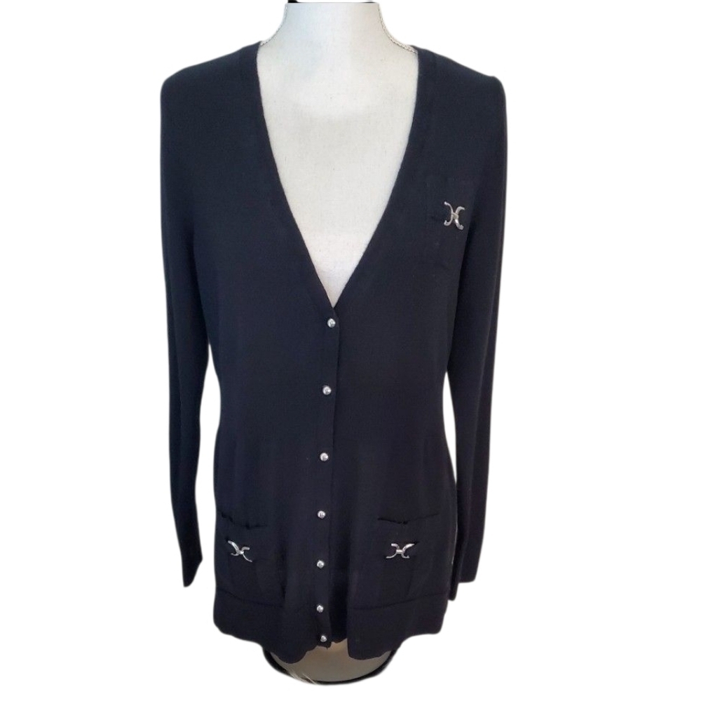 White House Black Market Black Long Sleeve Cardigan with Silver Accents Size L